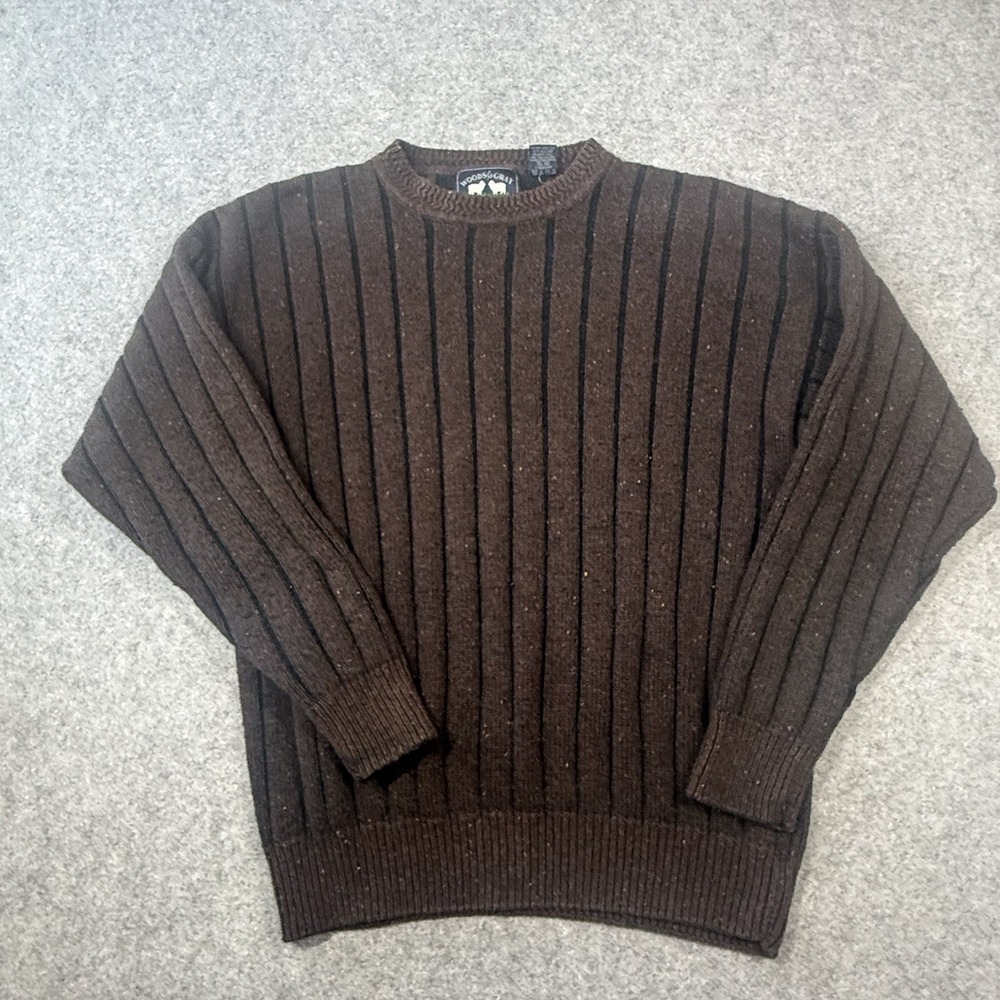 Vintage Woods & Gray Sweater Mens L Brown Black Stripe Wool Ramie Grandpa 80s90s